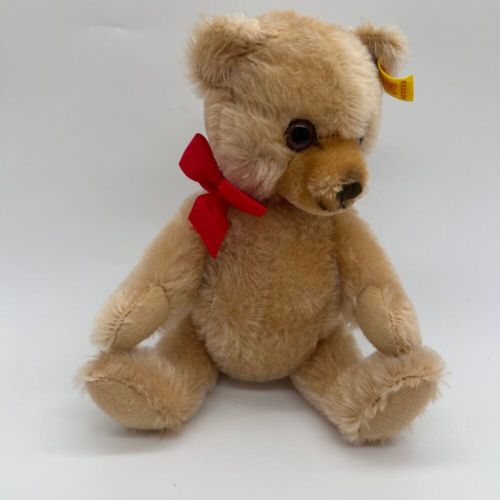Steiff Teddy Bear Yellow Tag Western Germany Articulated Red Bow Stuffed Animal